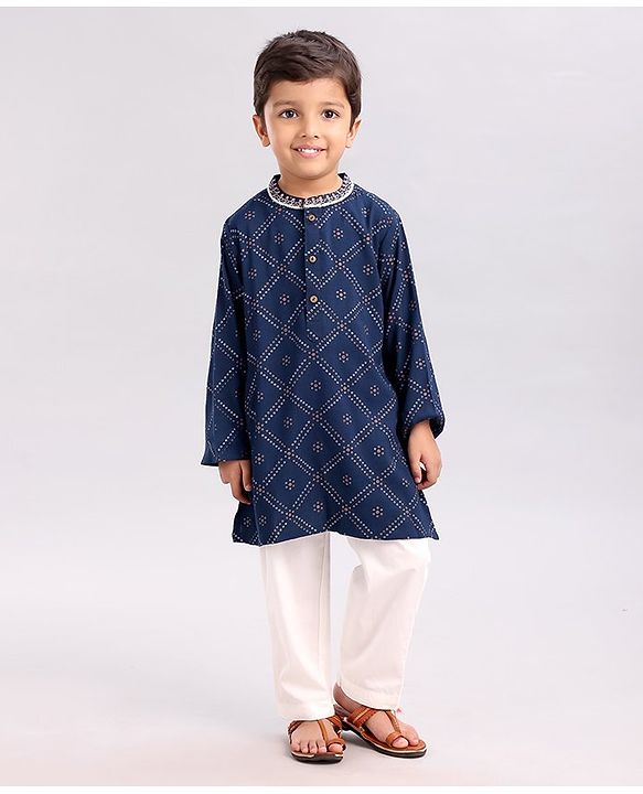 Babyhug Cotton Woven Full Sleeves Kurta & Pajama Set Ethnic Print - Indigo