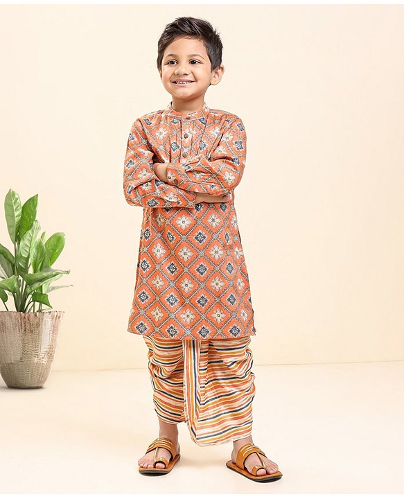 Babyhug Cotton Woven Full Sleeves Kurta & Dhoti Set Ethnic Print - Peach