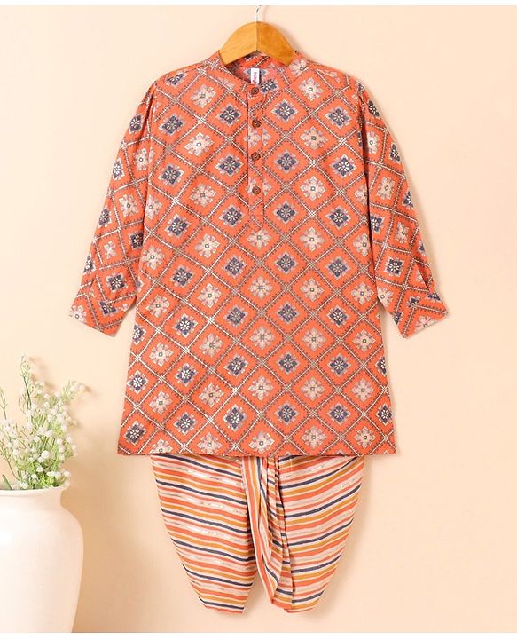 Babyhug Cotton Woven Full Sleeves Kurta & Dhoti Set Ethnic Print - Peach