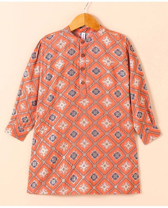 Babyhug Cotton Woven Full Sleeves Kurta & Dhoti Set Ethnic Print - Peach