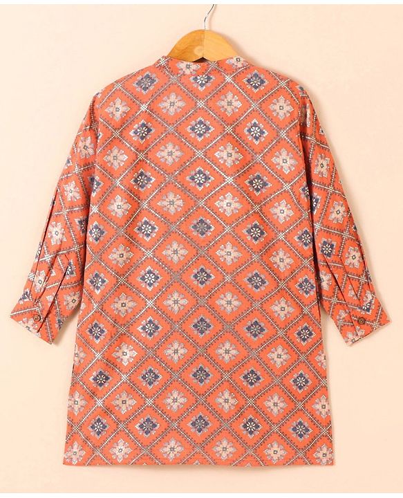 Babyhug Cotton Woven Full Sleeves Kurta & Dhoti Set Ethnic Print - Peach