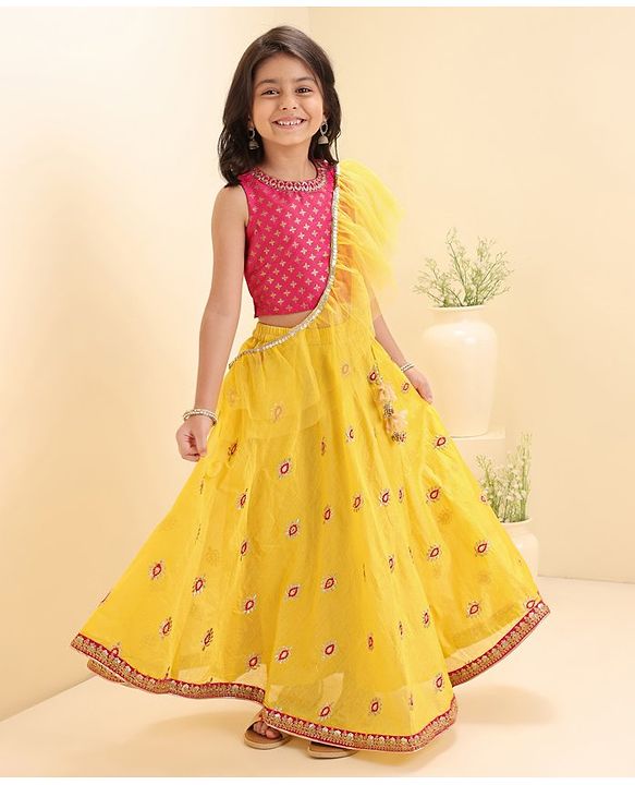 Babyhug Sleeveless Printed Choli Lehenga & Dupatta Set - Yellow