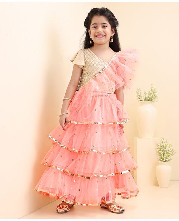 Babyhug One Shoulder Choli & Glitter Printed Lehenga With Dupatta - Peach