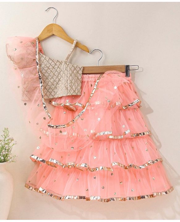 Babyhug One Shoulder Choli & Glitter Printed Lehenga With Dupatta - Peach