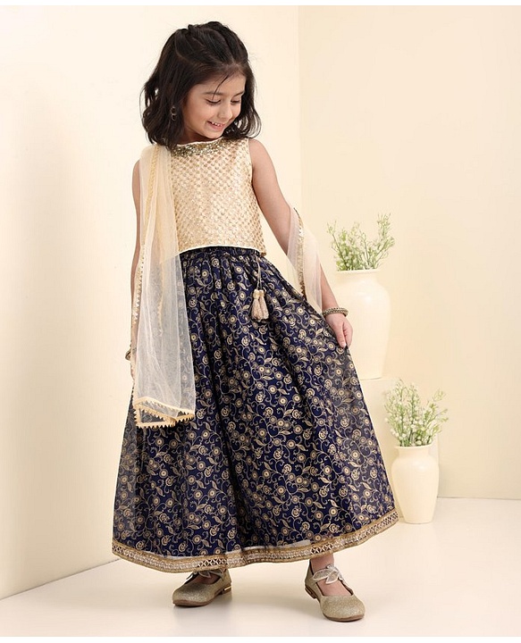Babyhug Sleeveless Woven Choli & Lehenga With Dupatta Embroidered & Sequinned - Navy Blue