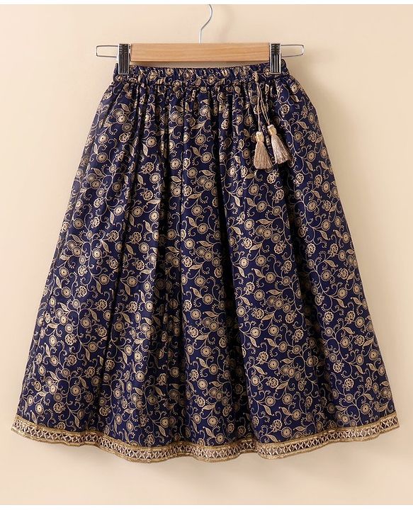 Babyhug Sleeveless Woven Choli & Lehenga With Dupatta Embroidered & Sequinned - Navy Blue