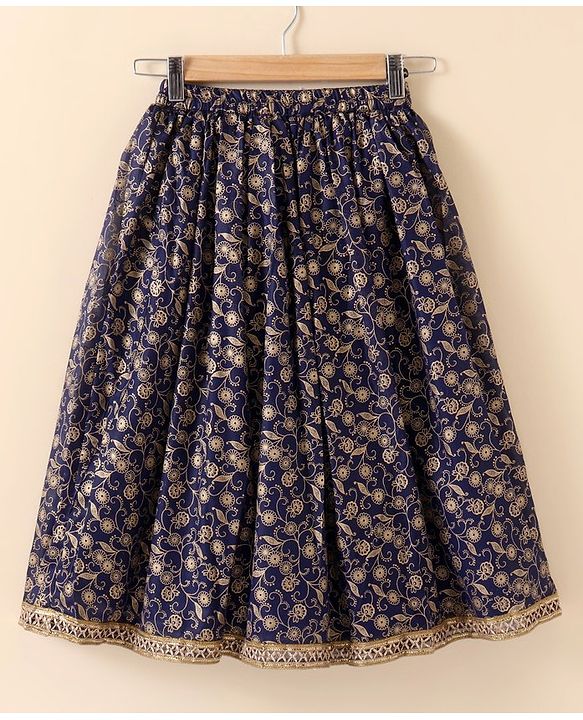 Babyhug Sleeveless Woven Choli & Lehenga With Dupatta Embroidered & Sequinned - Navy Blue