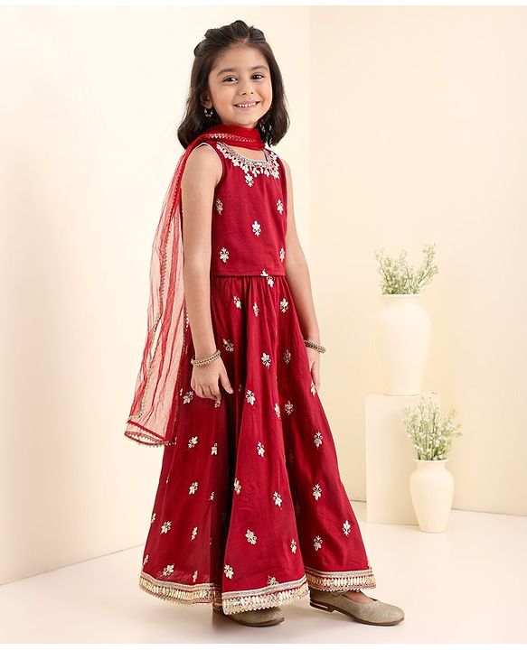 Babyhug Sleeveless Woven Choli & Lehenga With Dupatta Floral Embroidered - Maroon
