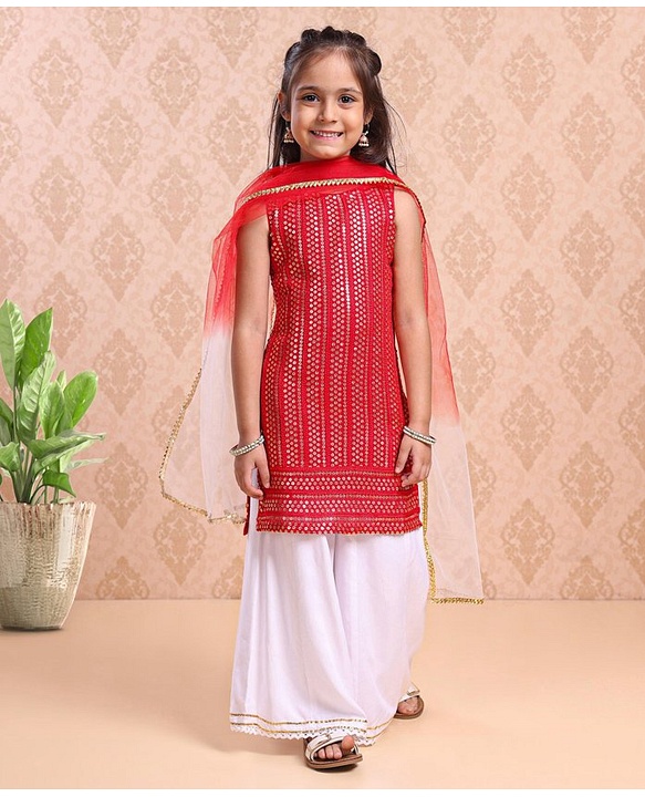 Babyhug Sleeveless Kurti & Sharara With Dupatta Sequins Embroidered - Red