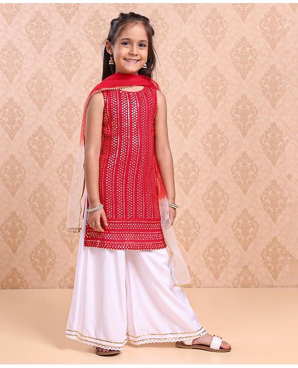 Babyhug Sleeveless Kurti & Sharara With Dupatta Sequins Embroidered - Red