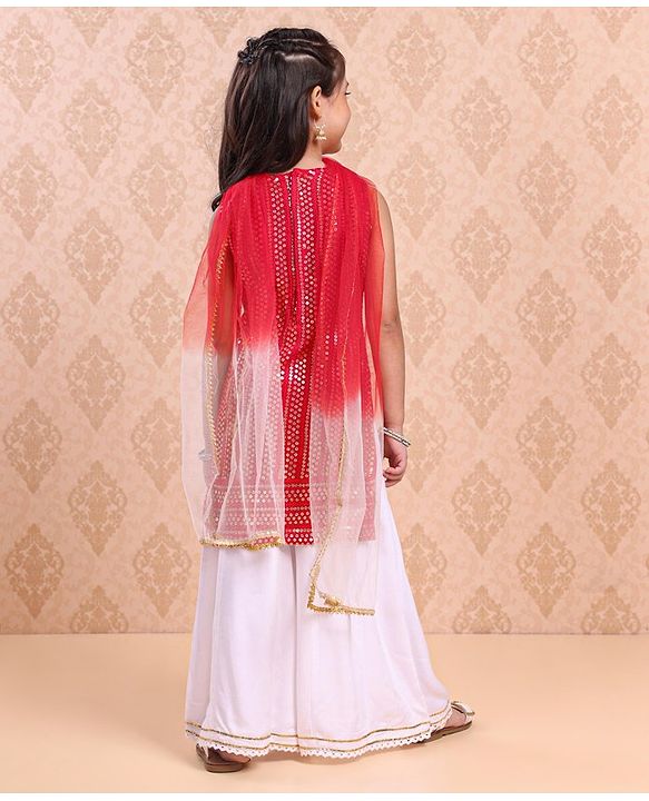 Babyhug Sleeveless Kurti & Sharara With Dupatta Sequins Embroidered - Red