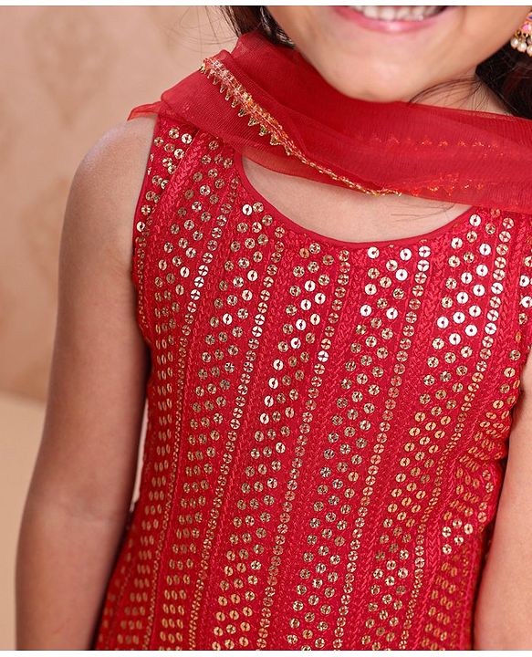 Babyhug Sleeveless Kurti & Sharara With Dupatta Sequins Embroidered - Red