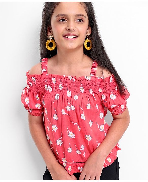 Pine Kids Off Shoulder Sleeves All Over Print Top - Red