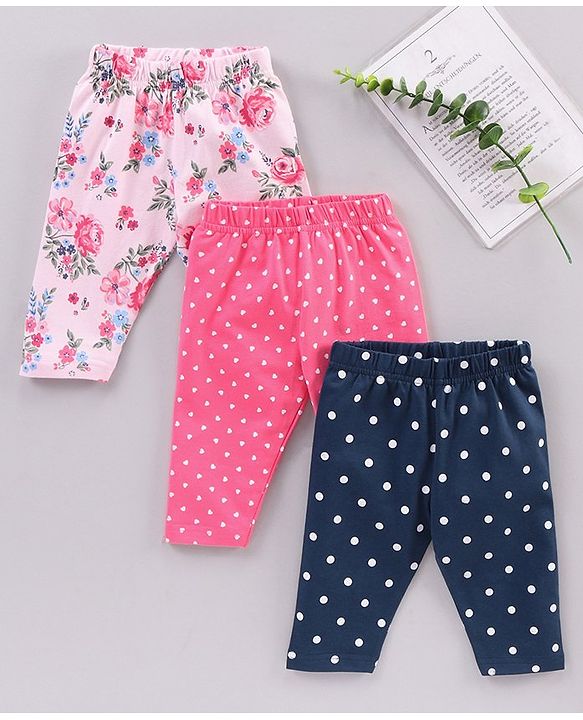 Babyhug Three Fourth Length Cotton Floral Printed Leggings - Pink & Blue