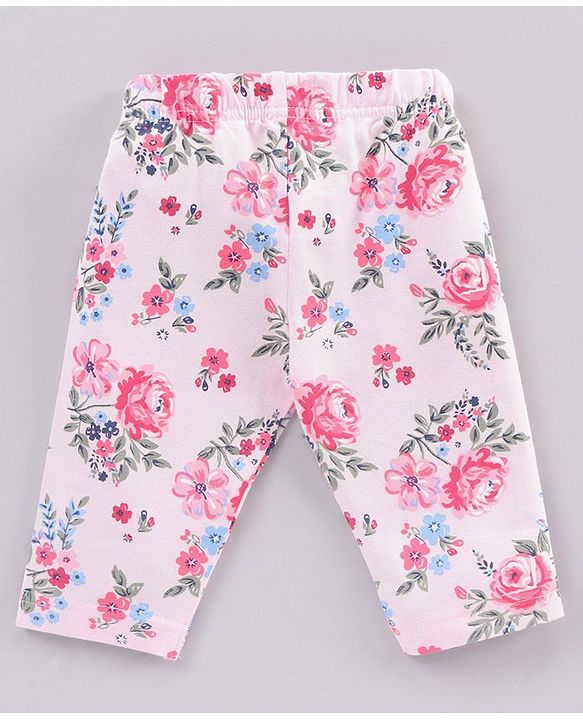 Babyhug Three Fourth Length Cotton Floral Printed Leggings - Pink & Blue