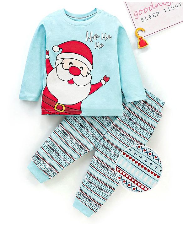 Babyhug Full Sleeves Nightwear Pyjama Set Santa Clause Print - Blue