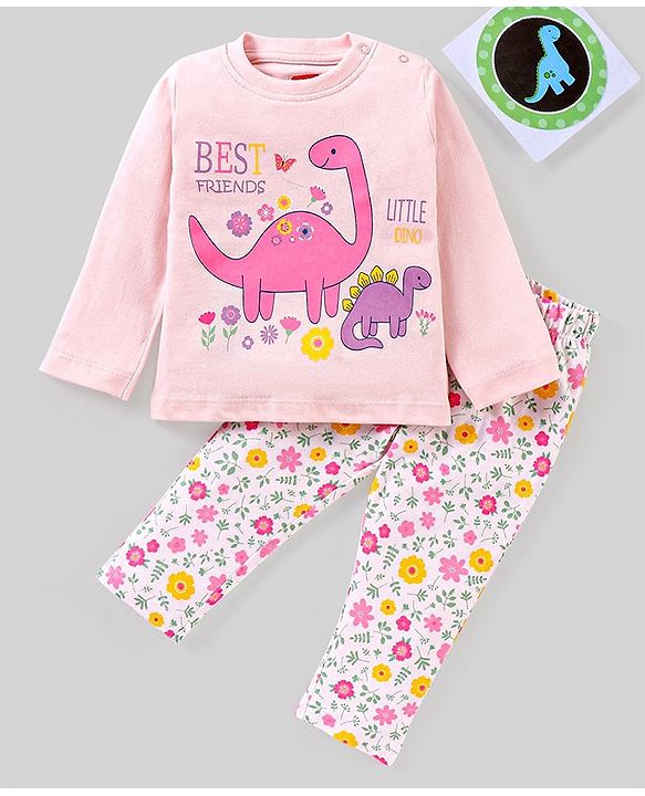 Babyhug 100% Cotton Full Sleeves Night Suit Dino Print - Pink