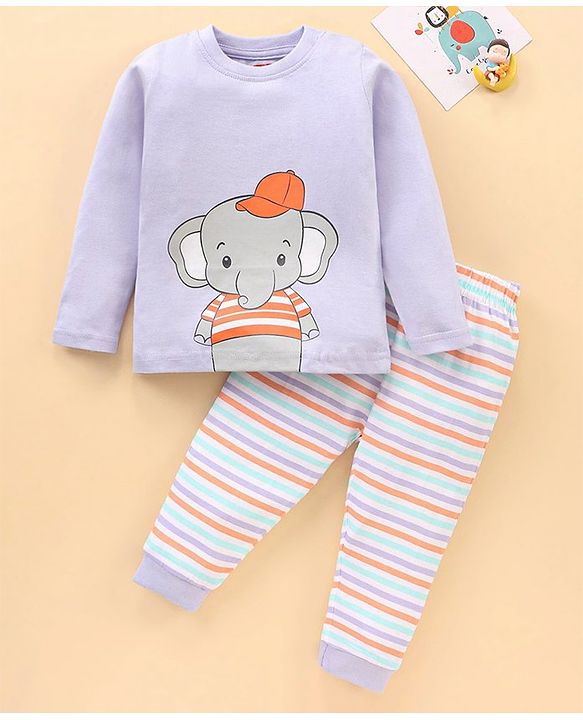 Babyhug Full Sleeves Nightwear Pyjama Set Elephant Print - Purple Blue