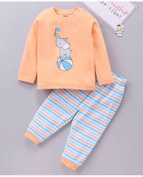 Babyhug Cotton Knit Full Sleeves Elephant Print & Striped Night Suit - Orange