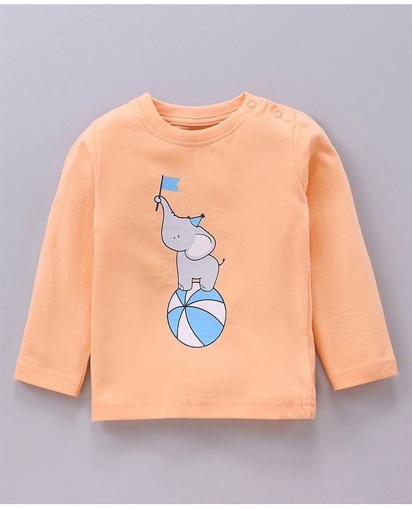 Babyhug Cotton Knit Full Sleeves Elephant Print & Striped Night Suit - Orange