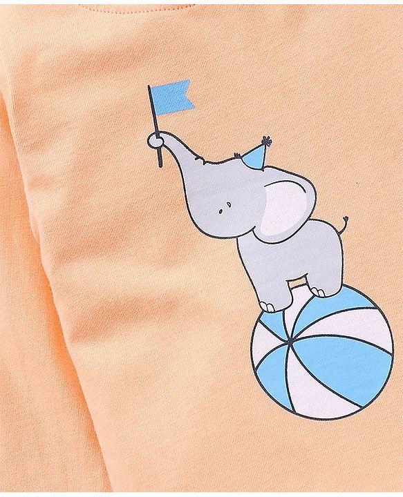 Babyhug Cotton Knit Full Sleeves Elephant Print & Striped Night Suit - Orange