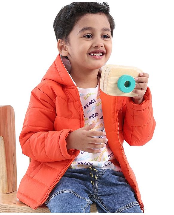 Babyhug Full Sleeves Quilted Hooded Jacket Solid- Orange