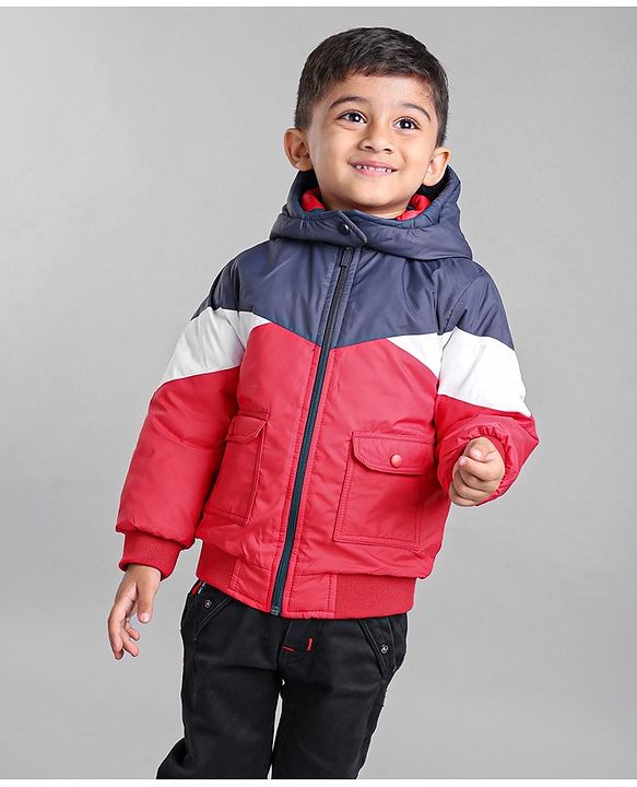 Babyhug Full Sleeves Color Block Detachable Hood Winter Jacket - Red Navy Blue White