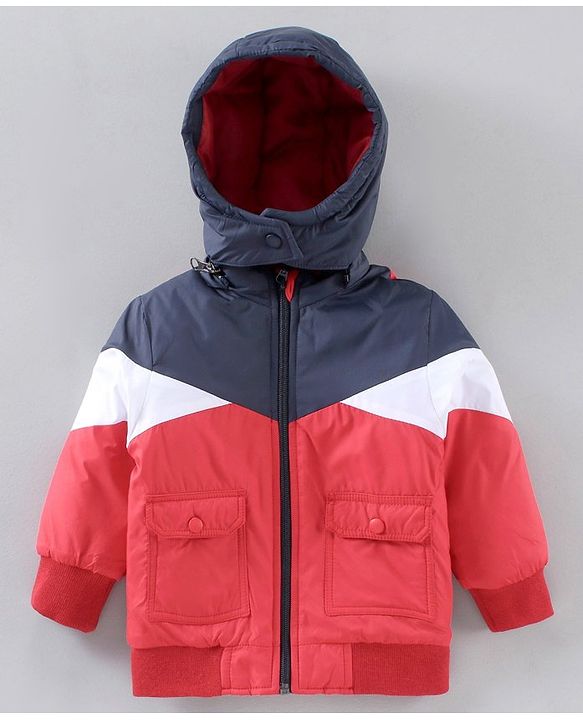 Babyhug Full Sleeves Color Block Detachable Hood Winter Jacket - Red Navy Blue White