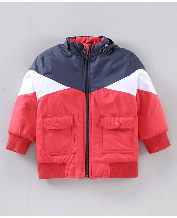 Babyhug Full Sleeves Color Block Detachable Hood Winter Jacket - Red Navy Blue White