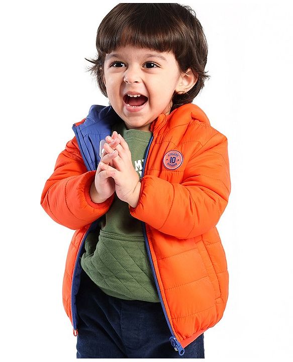 Babyhug Nylon Elastane Full Sleeves Hooded Reversible Jacket - Orange and Blue