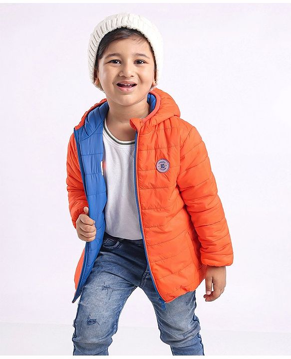 Babyhug Nylon Elastane Full Sleeves Hooded Reversible Jacket - Orange and Blue