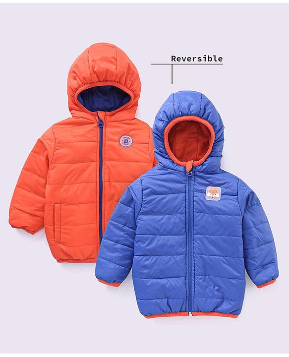 Babyhug Nylon Elastane Full Sleeves Hooded Reversible Jacket - Orange and Blue