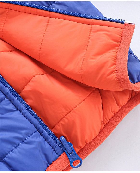 Babyhug Nylon Elastane Full Sleeves Hooded Reversible Jacket - Orange and Blue