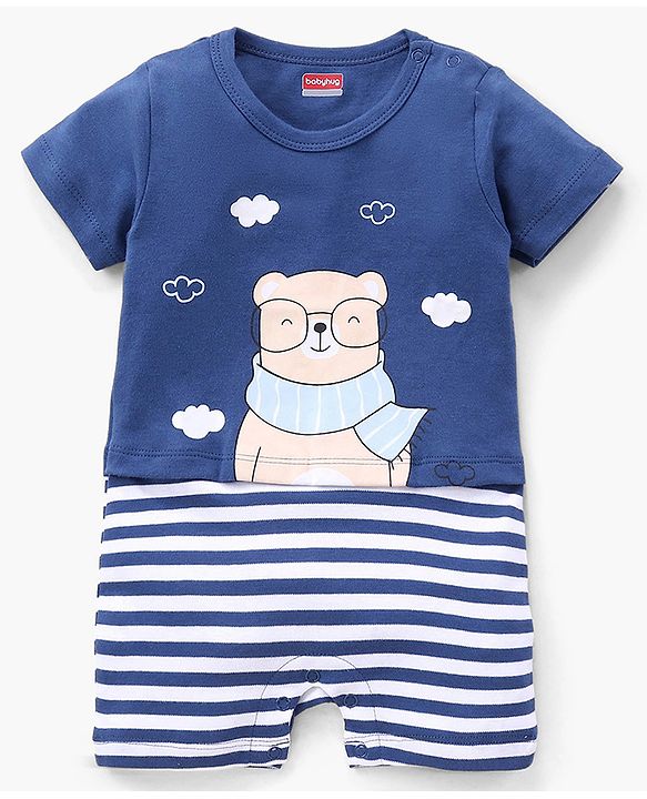 Babyhug 100% Cotton Short Sleeves Romper Teddy Print - Blue
