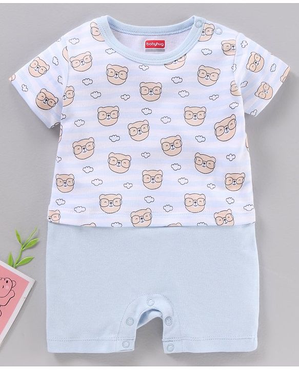 Babyhug 100% Cotton Half Sleeves Rompers Bear Face Print- Blue