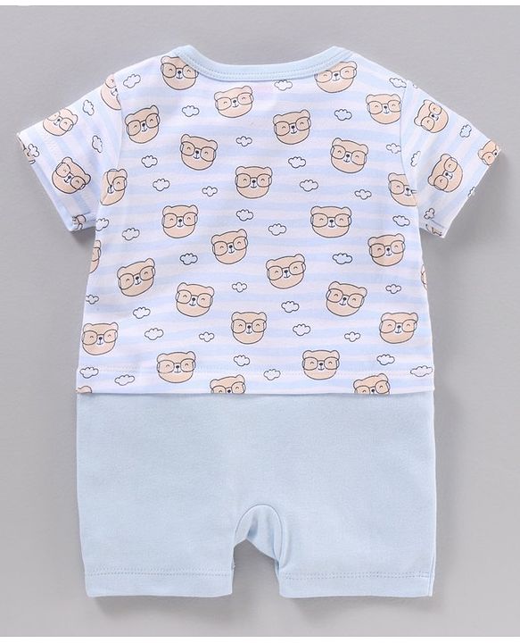 Babyhug 100% Cotton Half Sleeves Rompers Bear Face Print- Blue
