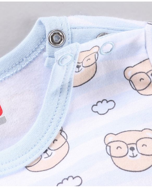 Babyhug 100% Cotton Half Sleeves Rompers Bear Face Print- Blue