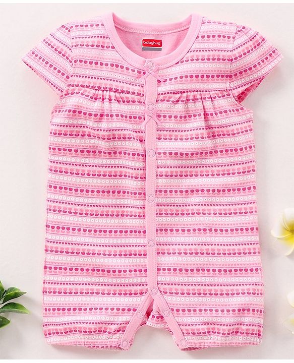Babyhug Cotton Knit Half Sleeves Flower Print Romper- Pink