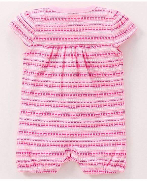 Babyhug Cotton Knit Half Sleeves Flower Print Romper- Pink