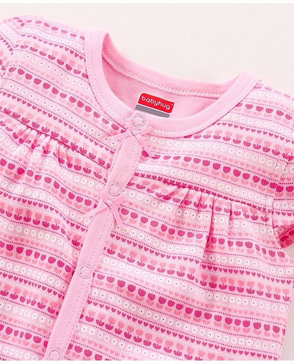 Babyhug Cotton Knit Half Sleeves Flower Print Romper- Pink