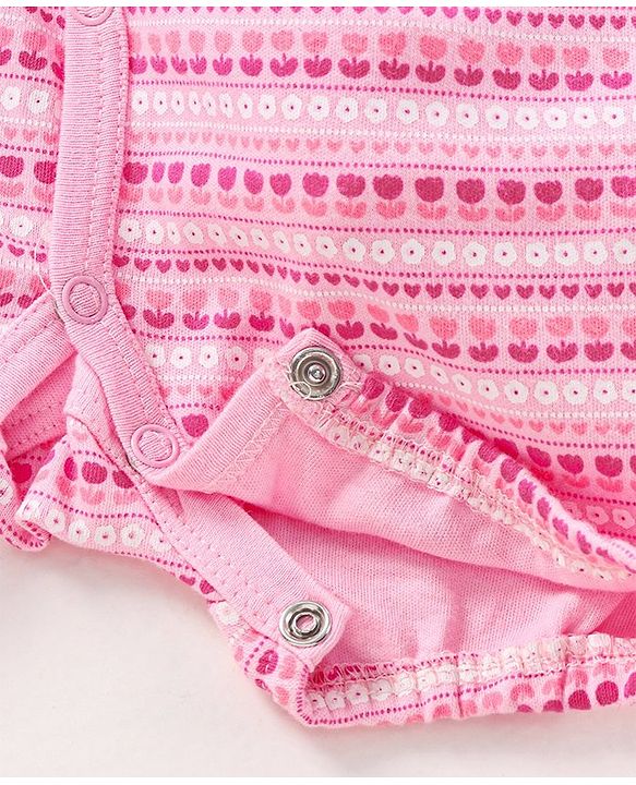 Babyhug Cotton Knit Half Sleeves Flower Print Romper- Pink