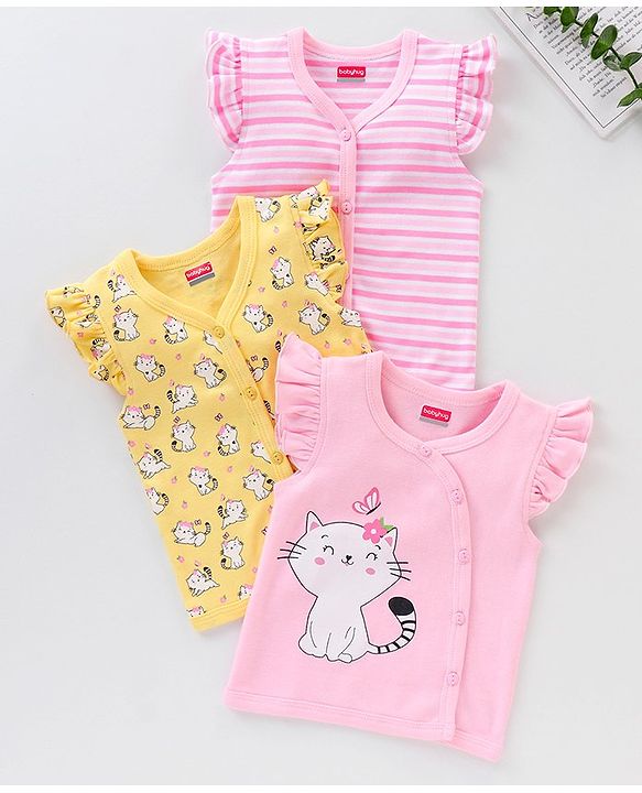 Babyhug 100% Cotton Half Sleeves Striped & Cat Printed Vest Pack Of 3 - Multicolour