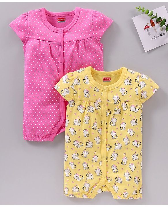 Babyhug Short Sleeves 100% Cotton Romper Pack of 2 - Pink Yellow