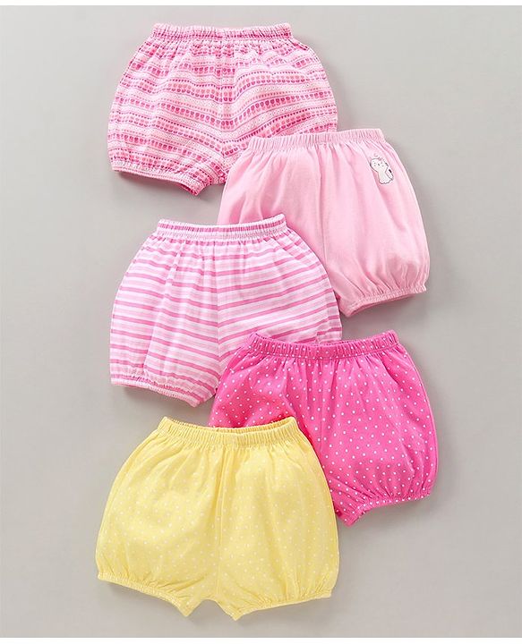 Babyhug 100% Cotton Bloomers Cat Print & Striped Pack Of 5 - Pink Yellow