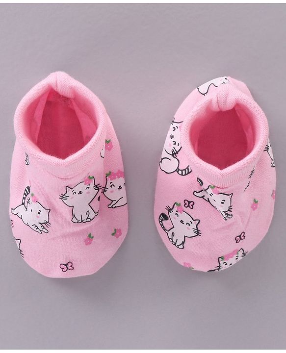 Babyhug 100% Cotton Cap Mittens & Booties Set Cat Print - Pink