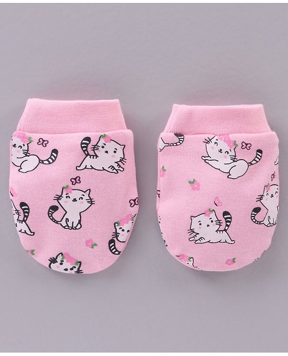 Babyhug 100% Cotton Cap Mittens & Booties Set Cat Print - Pink