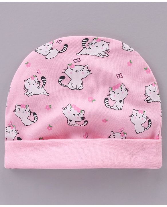 Babyhug 100% Cotton Cap Mittens & Booties Set Cat Print - Pink