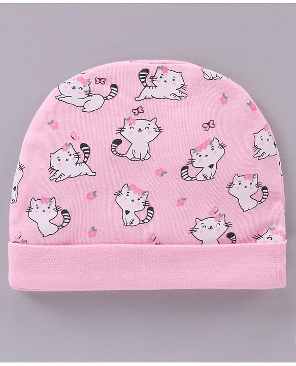 Babyhug 100% Cotton Cap Mittens & Booties Set Cat Print - Pink