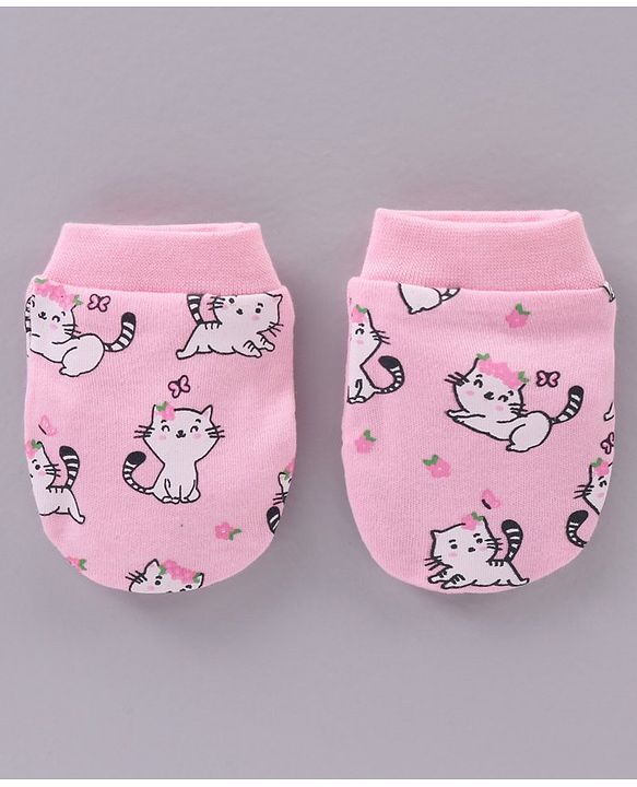 Babyhug 100% Cotton Cap Mittens & Booties Set Cat Print - Pink