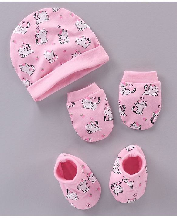 Babyhug 100% Cotton Cap Mittens & Booties Set Cat Print - Pink